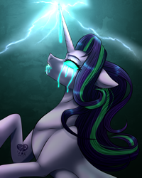 Size: 2560x3200 | Tagged: safe, artist:flabight568, starlight glimmer, pony, unicorn, g4, black background, blank eyes, crepuscular rays, eyelashes, female, flowing mane, glowing, glowing eyes, glowing horn, high res, horn, logo, looking up, magic, magic aura, purple mane, simple background, solo, teeth