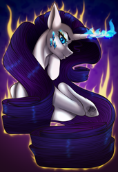 Size: 1577x2300 | Tagged: safe, artist:flabight568, rarity, pony, unicorn, g4, blue eyes, blue mane, bust, colored pupils, eyelashes, female, flowing mane, glowing, glowing horn, hooves, horn, logo, long mane, magic, magic aura, simple background, smiling, solo, stars, teeth