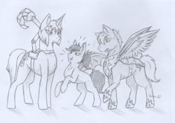 Size: 2251x1589 | Tagged: safe, artist:xtaibufox, oc, oc only, bat pony, pegasus, pony, unicorn, monochrome, traditional art