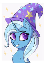 Size: 4000x5500 | Tagged: safe, artist:ingolf arts, trixie, pony, unicorn, g4, absurd resolution, bust, clothes, cute, female, grin, hat, horn, looking at you, mare, simple background, smiling, smiling at you, solo, trixie's hat