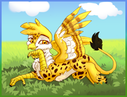 Size: 2048x1561 | Tagged: safe, artist:danton-y17, artist:konejo, oc, oc only, oc:beaky, griffon, fanfic:yellow feathers, commission, griffon oc, looking at you, smiling, solo, spread wings, wings
