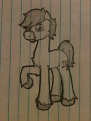 Size: 1536x2048 | Tagged: safe, artist:zombietator, oc, oc only, oc:chaos, pony, lineart, lined paper, male, raised hoof, smiling, solo, stallion, traditional art, unshorn fetlocks