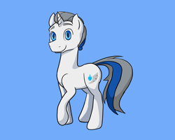 Size: 5000x4000 | Tagged: safe, artist:zombietator, oc, oc only, pony, unicorn, blue background, horn, male, raised hoof, simple background, smiling, solo, stallion, unicorn oc