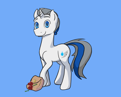 Size: 5000x4000 | Tagged: safe, artist:zombietator, oc, oc only, pony, unicorn, bag, blue background, flower, horn, male, raised hoof, simple background, solo, stallion, unicorn oc