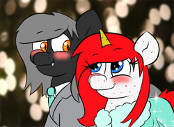 Size: 1100x800 | Tagged: safe, artist:tranzmuteproductions, oc, oc only, oc:red note, oc:tranzmute, pony, unicorn, blushing, clothes, dress, female, freckles, horn, male, mare, necktie, oc x oc, shipping, stallion, suit, unicorn oc