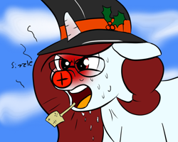 Size: 1000x800 | Tagged: safe, artist:tranzmuteproductions, oc, oc only, oc:red note, pony, angry, blushing, bust, ears back, glasses, hat, holly, pipe, red nose, solo, sweat, top hat