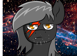 Size: 1100x800 | Tagged: safe, artist:tranzmuteproductions, oc, oc only, oc:tranzmute, bat pony, pony, bat pony oc, bust, frown, male, solo, space, stallion, stars, tattoo