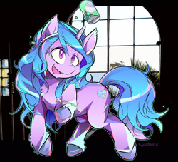 Size: 1800x1633 | Tagged: safe, artist:tyuubatu, izzy moonbow, pony, unicorn, g5, my little pony: a new generation, spoiler:my little pony: a new generation, beans, can, food, izzy's beans, open mouth, open smile, smiling, solo