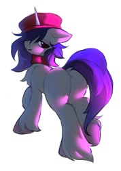 Size: 743x1046 | Tagged: safe, artist:hioshiru, onyx, pony, unicorn, g5, my little pony: a new generation, beret, butt, clothes, dock, female, hat, mare, plot, scarf, solo, tail