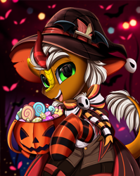 Size: 2550x3209 | Tagged: safe, artist:pridark, part of a set, oc, oc only, oc:verdant pyre, kirin, bow, candy, clothes, commission, costume, food, halloween, halloween costume, hat, high res, holiday, kirin oc, part of a series, pumpkin, pumpkin bucket, socks, solo, striped socks, witch hat, ych result