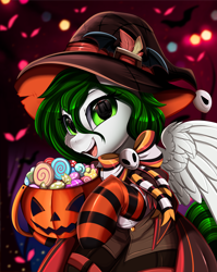 Size: 2550x3209 | Tagged: safe, artist:pridark, part of a set, oc, oc only, pegasus, pony, bow, candy, clothes, commission, costume, food, halloween, halloween costume, hat, high res, holiday, part of a series, pegasus oc, pumpkin, pumpkin bucket, socks, solo, striped socks, witch hat, ych result