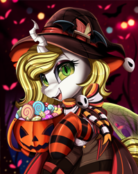 Size: 2550x3209 | Tagged: safe, artist:pridark, part of a set, oc, oc only, oc:aurora industry (ic), changeling, bow, candy, changeling oc, clothes, commission, costume, food, halloween, halloween costume, hat, high res, holiday, part of a series, pumpkin, pumpkin bucket, socks, solo, striped socks, white changeling, witch hat, ych result, yellow changeling