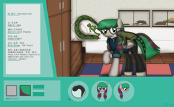Size: 1621x997 | Tagged: safe, artist:99999999000, oc, oc only, oc:li anna, iguana, lizard, pegasus, pony, bed, bedroom, chinese, clothes, female, reference sheet
