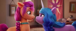 Size: 2019x837 | Tagged: safe, screencap, izzy moonbow, sunny starscout, earth pony, pony, unicorn, g5, my little pony: a new generation, spoiler:my little pony: a new generation, cute, duo, duo female, female, izzybetes, out of context, personal space invasion, shipping fuel, staring contest, sunnybetes
