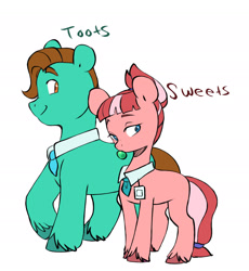 Size: 2196x2389 | Tagged: safe, artist:chub-wub, sweets (g5), toots, earth pony, pony, g5, my little pony: a new generation, bubblegum, duo, female, food, gum, high res, male, mare, necktie, raised hoof, simple background, stallion, unshorn fetlocks, white background