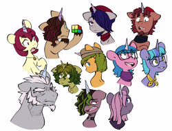Size: 3828x2928 | Tagged: safe, artist:chub-wub, alphabittle blossomforth, crystal cove, jasper, onyx, vidalia fields, pony, unicorn, g5, my little pony: a new generation, spoiler:my little pony: a new generation, background pony, beanie, beard, beret, clothes, facial hair, female, glasses, hair over one eye, hat, high res, male, mare, open mouth, rubik's cube, scarf, silver nova (g5), simple background, stallion, unnamed character, unnamed pony, white background