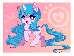 Size: 2000x1500 | Tagged: safe, artist:annymts, izzy moonbow, pony, unicorn, g5, my little pony: a new generation, :3, bracelet, chest fluff, chibi, cute, female, heart, izzybetes, jewelry, open mouth, solo, stars