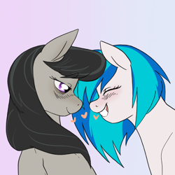 Size: 2048x2048 | Tagged: safe, artist:aztrial, dj pon-3, octavia melody, vinyl scratch, earth pony, pony, unicorn, g4, blushing, cute, duo, eyes closed, female, floating heart, gradient background, grin, heart, high res, lesbian, ship:scratchtavia, shipping, smiling