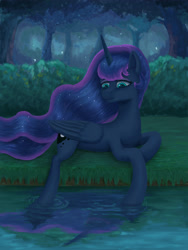 Size: 3543x4724 | Tagged: source needed, safe, artist:lin feng, princess luna, alicorn, pony, g4, forest, hoof in water, lidded eyes, river, solo, water