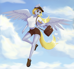 Size: 3000x2800 | Tagged: safe, artist:junglemango, derpy hooves, pegasus, anthro, plantigrade anthro, g4, breasts, busty derpy hooves, clothes, cloud, eye clipping through hair, eyebrows, eyebrows visible through hair, female, flying, frown, high res, mailbag, mailmare, mailmare uniform, midriff, open mouth, shirt, shoes, shorts, sky, solo, spread wings, wings