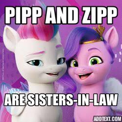 Size: 250x250 | Tagged: safe, pipp petals, zipp storm, g5, my little pony: a new generation, caption, critical research failure, headcanon, image macro, incorrect, op is a duck, sisters-in-law, text, wrong