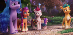 Size: 1418x684 | Tagged: safe, edit, edited screencap, screencap, hitch trailblazer, izzy moonbow, pipp petals, sunny starscout, zipp storm, earth pony, pegasus, pony, unicorn, g5, my little pony: a new generation, spoiler:my little pony: a new generation, 3d, female, hitch is tall, izzy is tol, male, mane five, mare, pipp is short, pipp is smol, size difference, smol, stallion, sunny is tall, wat, zipp is tall