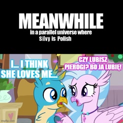 Size: 500x501 | Tagged: safe, edit, edited screencap, screencap, gallus, silverstream, classical hippogriff, griffon, hippogriff, g4, the hearth's warming club, caption, dialogue, female, image macro, jewelry, male, necklace, pierogi, poland, polish, ship:gallstream, shipping, straight, text