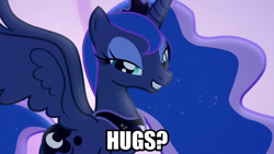 Size: 1192x670 | Tagged: safe, edit, edited screencap, screencap, princess luna, alicorn, pony, g4, season 6, to where and back again, bronybait, caption, female, hug request, image macro, lidded eyes, looking at you, mare, solo, text