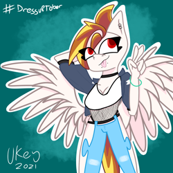 Size: 1280x1280 | Tagged: safe, artist:ukedideka, oc, oc only, oc:lumen afterglow, pegasus, anthro, bracelet, clothes, ear piercing, female, inktober, inktober 2021, jewelry, peace sign, pegasus oc, piercing, red eyes, simple background, solo, spread wings, tongue out, wings