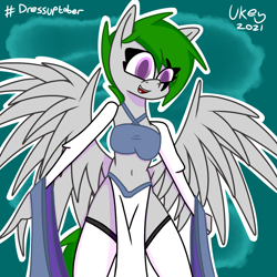 Size: 1280x1280 | Tagged: safe, artist:ukedideka, oc, oc only, oc:quizzical aphre, pegasus, anthro, clothes, dressuptober, eye clipping through hair, inktober 2021, pegasus oc, simple background, socks, solo, spread wings, thigh highs, wings