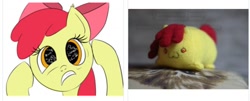 Size: 1280x519 | Tagged: safe, apple bloom, earth pony, pony, derpibooru, g4, apple bloom's bow, bow, female, filly, hair bow, juxtaposition, meta, reaction image