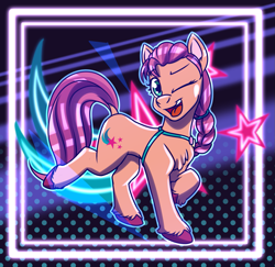 Size: 1235x1200 | Tagged: safe, artist:thescornfulreptilian, sunny starscout, earth pony, pony, g5, my little pony: a new generation, cutie mark background, one eye closed, solo, wink