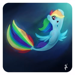 Size: 4096x4096 | Tagged: safe, artist:jearknds, rainbow dash, seapony (g4), g4, blue background, crepuscular rays, cute, dorsal fin, female, fin wings, fins, fish tail, flowing mane, flowing tail, ocean, open mouth, pink eyes, seaponified, seapony rainbow dash, signature, simple background, smiling, solo, species swap, sunlight, swimming, tail, underwater, water, wings
