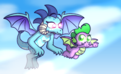 Size: 4800x2960 | Tagged: safe, artist:iceflower99, princess ember, spike, dragon, g4, dragoness, duo, female, flying, sky, winged spike, wings