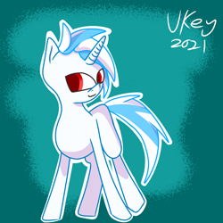 Size: 1280x1280 | Tagged: safe, artist:ukedideka, oc, oc only, oc:glo prizmatica, pony, unicorn, alternate hairstyle, ears up, eye clipping through hair, looking at you, male, red eyes, simple background, smiling, solo, standing