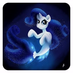 Size: 4096x4096 | Tagged: safe, artist:jearknds, rarity, pony, seapony (g4), unicorn, g4, blue background, blue eyes, blue mane, colored pupils, dorsal fin, eyelashes, female, fish tail, flowing mane, flowing tail, glowing, horn, ocean, seaponified, seapony rarity, signature, simple background, smiling, solo, sparkles, species swap, swimming, tail, underwater