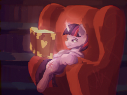 Size: 1280x953 | Tagged: safe, artist:al1-ce, derpibooru exclusive, twilight sparkle, alicorn, pony, g4, book, bookshelf, cute, digital painting, library, lying down, magic, paintover, reading, redraw, smiling, solo, telekinesis, twiabetes, twilight sparkle (alicorn)
