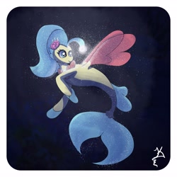 Size: 4096x4096 | Tagged: safe, artist:jearknds, princess skystar, pony, seapony (g4), g4, my little pony: the movie, bioluminescent, blue background, blue mane, dorsal fin, female, fin wings, fins, fish tail, flower, flower in hair, flowing mane, flowing tail, glowing, jewelry, necklace, ocean, pearl necklace, signature, simple background, smiling, solo, swimming, tail, underwater, water, wings