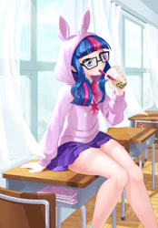 Size: 2672x3840 | Tagged: safe, artist:dstears, twilight sparkle, human, bubble tea, classroom, clothes, cute, cutie mark, cutie mark on clothes, drink, drinking, glasses, high res, hoodie, humanized, legs, schrödinger's pantsu, skirt, sticker, twiabetes