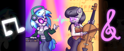 Size: 4200x1740 | Tagged: safe, artist:iceflower99, dj pon-3, octavia melody, vinyl scratch, earth pony, unicorn, anthro, g4, bow (instrument), cello, cello bow, clothes, female, finger gun, grin, headphones, looking at each other, musical instrument, pants, smiling, sweater, tank top, turntable, vest