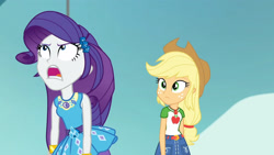 Size: 3410x1920 | Tagged: safe, screencap, applejack, rarity, equestria girls, equestria girls specials, g4, my little pony equestria girls: better together, my little pony equestria girls: rollercoaster of friendship, applejack's hat, belt, bracelet, clothes, cowboy hat, cutie mark, cutie mark on clothes, denim skirt, female, geode of shielding, geode of super strength, hairpin, hat, high res, jewelry, magical geodes, necklace, open mouth, rarity peplum dress, skirt