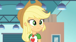 Size: 3410x1920 | Tagged: safe, screencap, applejack, equestria girls, equestria girls specials, g4, my little pony equestria girls: better together, my little pony equestria girls: rollercoaster of friendship, applejack's hat, clothes, cowboy hat, cutie mark, cutie mark on clothes, female, geode of super strength, hat, high res, jewelry, magical geodes, necklace, solo