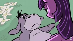Size: 1280x720 | Tagged: safe, artist:jearknds, twilight sparkle, donkey, pony, adjustment burro, crossover, crossover shipping, duo, eeyore, female, lying down, mad (tv series), mad magazine, male, on back, out of context, shipping, straight, twiyore, winnie the pooh