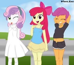 Size: 6799x6000 | Tagged: safe, artist:dtavs.exe, apple bloom, scootaloo, sweetie belle, equestria girls, g4, ;p, absurd resolution, arm behind back, arm behind head, belly button, chipped tooth, clothes, cutie mark crusaders, eyes closed, female, grin, looking at you, midriff, one eye closed, open mouth, open smile, shoujo ramune, smiling, smiling at you, tongue out, tooth gap, trio, trio female, wink, winking at you