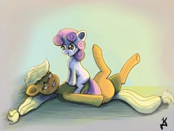 Size: 3531x2649 | Tagged: safe, artist:jearknds, applejack, sweetie belle, earth pony, pony, unicorn, g4, blushing, duo, female, high res, lying down, on back, on top, personal space invasion, sitting on person, smiling