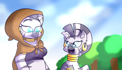 Size: 3300x1911 | Tagged: safe, artist:iceflower99, zecora, zebra, anthro, g4, anthro ponidox, breasts, busty zecora, open mouth, open smile, self ponidox, smiling