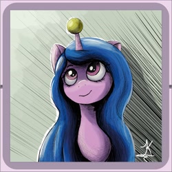 Size: 4096x4091 | Tagged: safe, alternate version, artist:jearknds, izzy moonbow, pony, unicorn, g5, my little pony: a new generation, spoiler:my little pony: a new generation, ball, bust, female, horn, hornball, izzy's tennis ball, smiling, solo, tennis ball