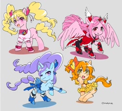 Size: 1129x1036 | Tagged: safe, artist:5mmumm5, earth pony, pegasus, pony, unicorn, anime, clothes, cure berry, cure passion, cure peach, cure pine, dress, eas (fresh precure), female, fresh precure, fresh pretty cure, inori yamabuki, love momozono, mare, miki aono, one eye closed, open mouth, pigtails, ponified, precure, pretty cure, skirt