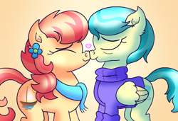 Size: 2631x1800 | Tagged: safe, artist:iceflower99, aunt holiday, auntie lofty, earth pony, pegasus, pony, g4, boop, clothes, couple, eyes closed, female, heart, lesbian, married couple, noseboop, scarf, sweater