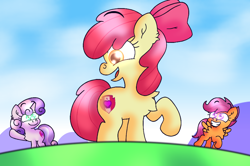Size: 2880x1911 | Tagged: safe, artist:bugflower99, artist:iceflower99, apple bloom, scootaloo, sweetie belle, earth pony, pegasus, pony, unicorn, g4, cutie mark crusaders, female, filly, grin, open mouth, open smile, raised hoof, smiling, waving